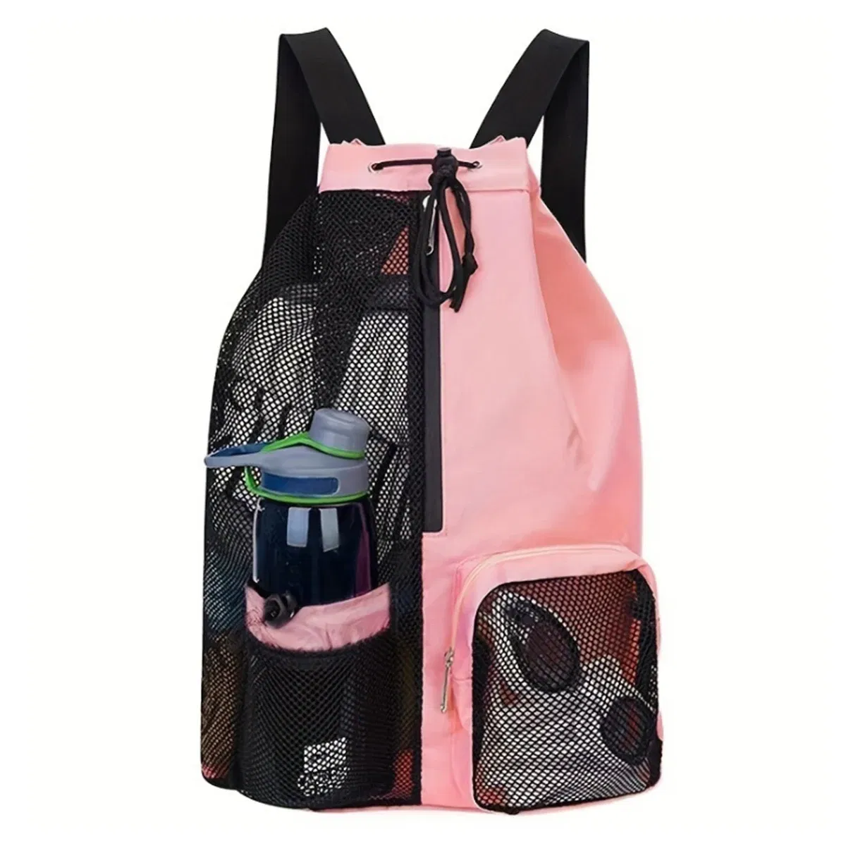 Color: Pink - Outdoor beach backpack, swimming bag, mesh perforated drawstring backpack with wet bag, gym yoga exercise storage bag, 1 set