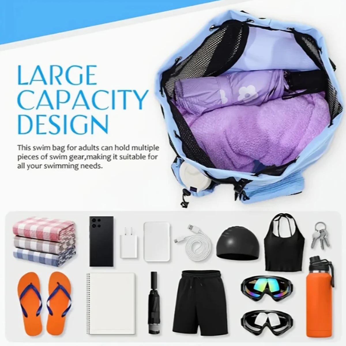 Color: Pink - Outdoor beach backpack, swimming bag, mesh perforated drawstring backpack with wet bag, gym yoga exercise storage bag, 1 set