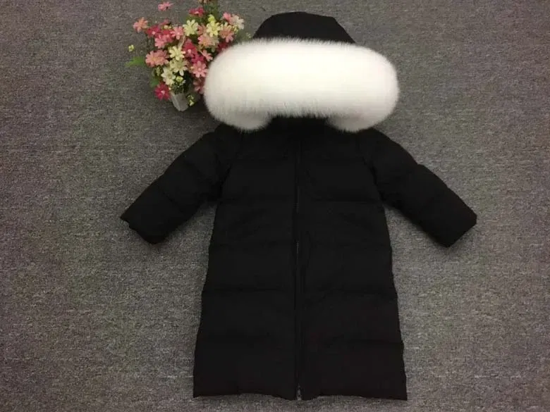 Color: black, Kid Size: 2T - Children Girl boy Winter real fur thickened down jackets 90 down Long Coat jacket overcoat baby kids clothing -30 outwear ws1245