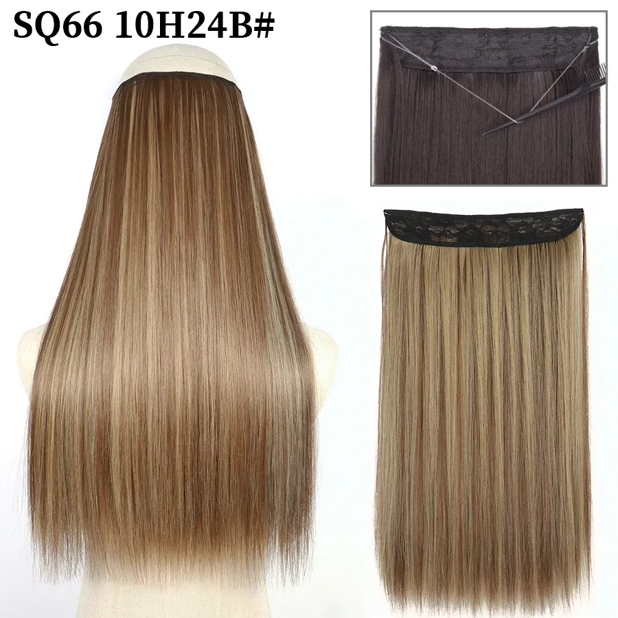 Color: #3, Stretched Length: 32inches, Ships From: CHINA - Synthetic Natural Wavy No Clip Fish Line Invisible Hair Extensions Mixed Color Blonde Black Artificial False Hair Piece ForWomen