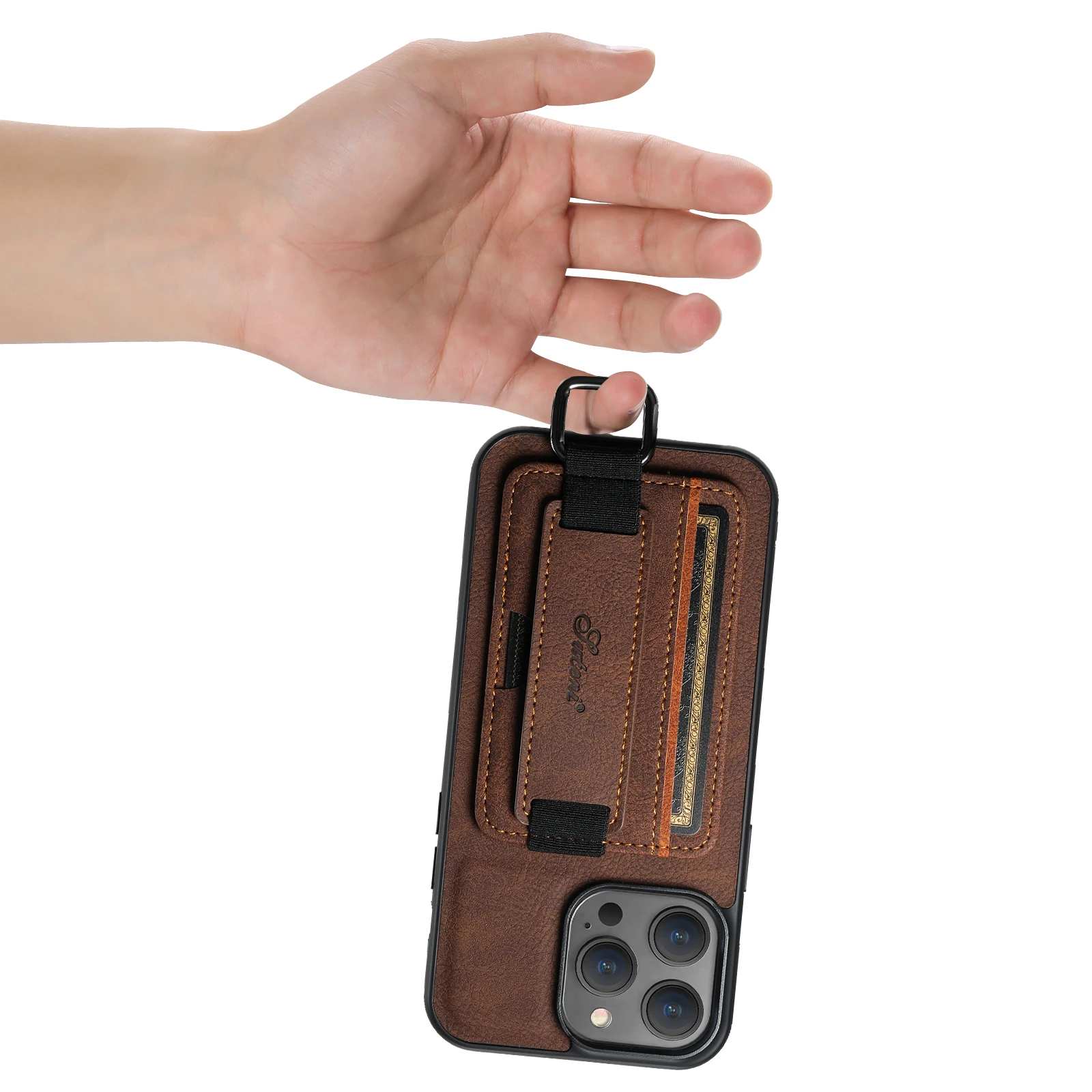 Color: Brown, Material: EVA - SUTENI Lychee skin print wrist strap card phone case Card holder for iPhone 16 ProMax 15 Plus 14 13 12 11 XR XS Black/blue/brown
