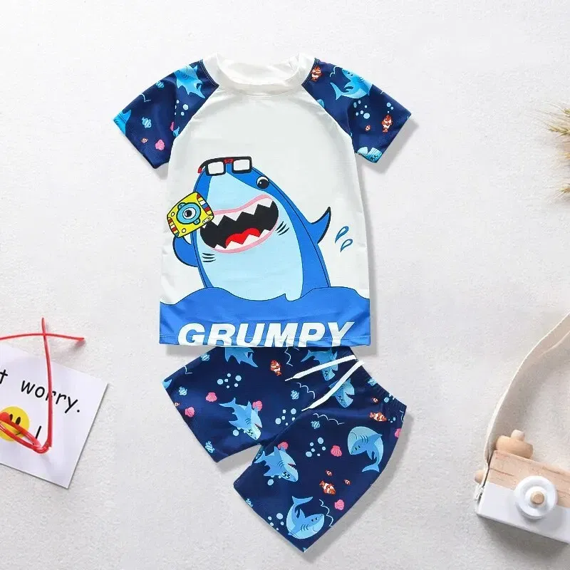 Size: 4T, Color: Blue - Summer Children's Swimsuit Boys Split Short Sleeve Medium Children Cartoon Cute Quick Drying Boys Swimsuit Set