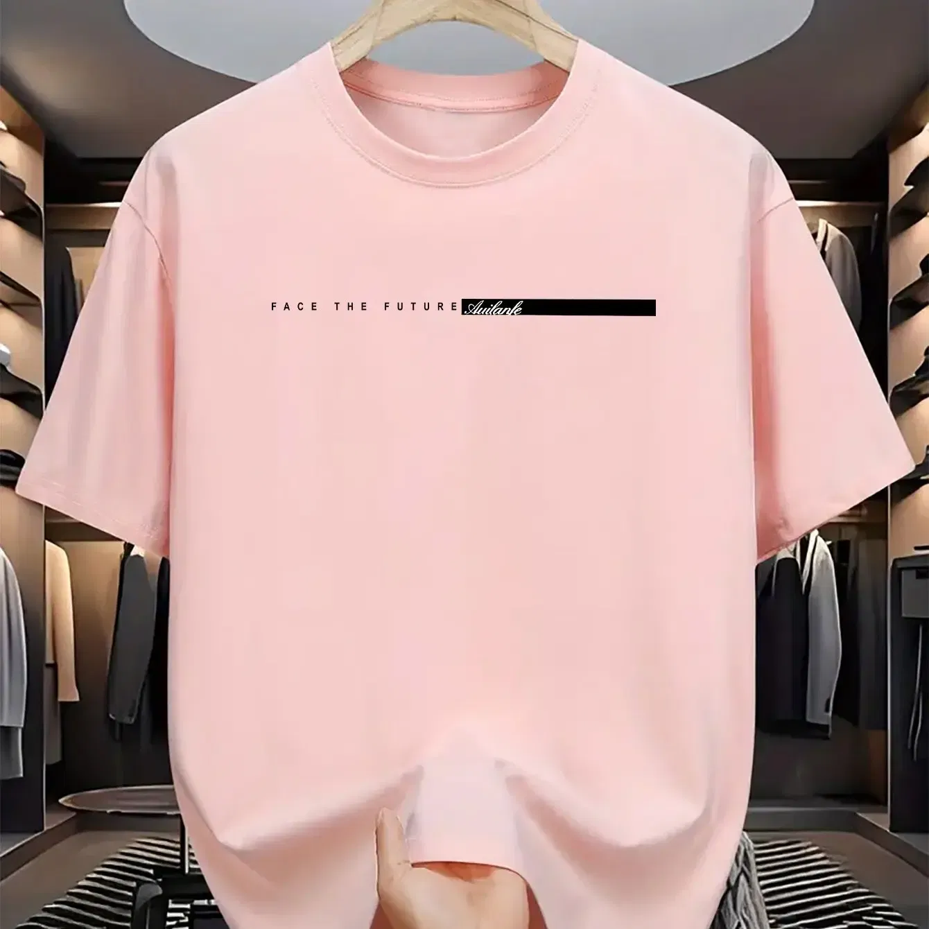 Color: Pink, Size: XL - Summer men's 100% cotton casual loose fit large letter print round neck short sleeved T-shirt top High Street Unisex style