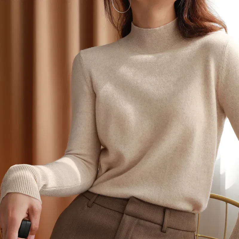 Color: Beige, Size: One Size - Autumn Winter chic Bottom Sweaters Women Fashion Turtleneck Pullover Slim Long Sleeve Knitted Jumpers Soft Warm Pull Femme Top