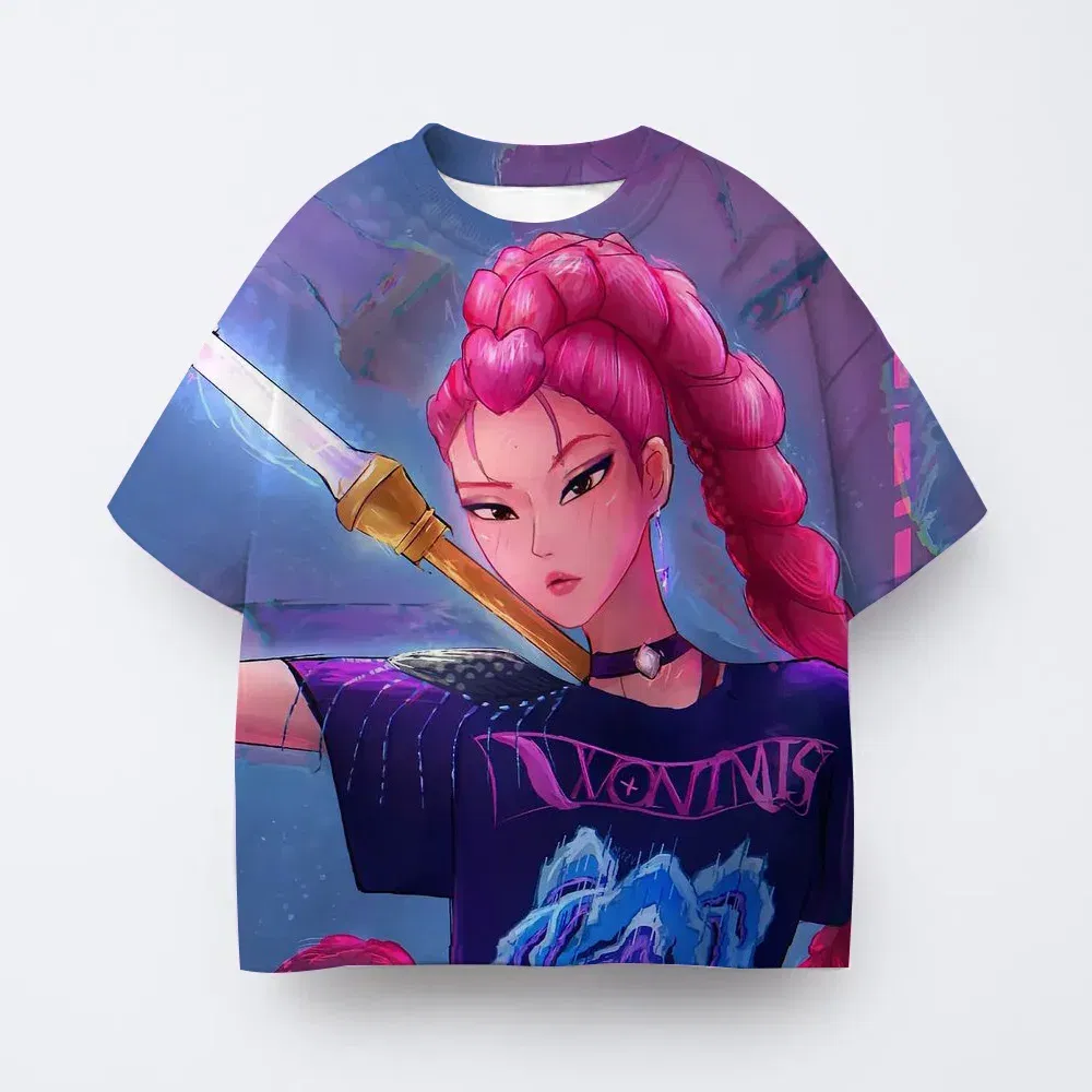 Color: Blue, Kid Size: 8 - Toddler Girl Clothes Kpop Demon Hunters Cartoon Tee Shirt Funny Gift for Fans Harajuku Cool Kids T-shirts Cotton Summer Tops