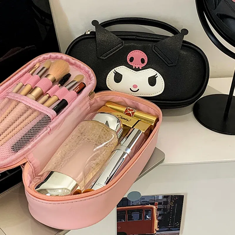 Color: Red - Sanrio Women Makeup Bag Kuromi Melody Cute PU Toiletries Cosmetic  Organizer Zipper Bag Travel Wash Pouch Female Make Up Bags
