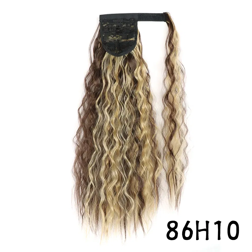 Color: T1/35, Stretched Length: 22inches - Synthetic Long Corn Wavy Ponytail Hairpiece Wrap on Hair Clip Ombre Brown Blonde Hair Extensions Pony Tail
