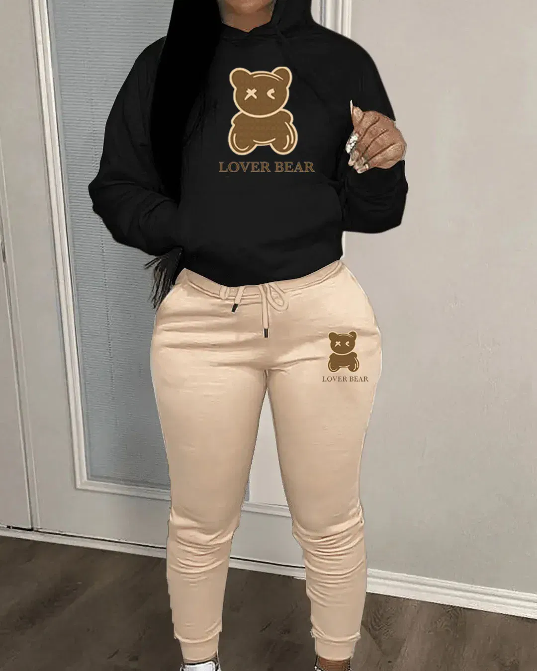 Color: GRAY, Size: S - 2 Piece Set Women Outfit Letter Bear Print Hooded Neck Hoodies Sweatshirt Pants Tracksuit 2024 Plus Size Streetwear Casual Suit