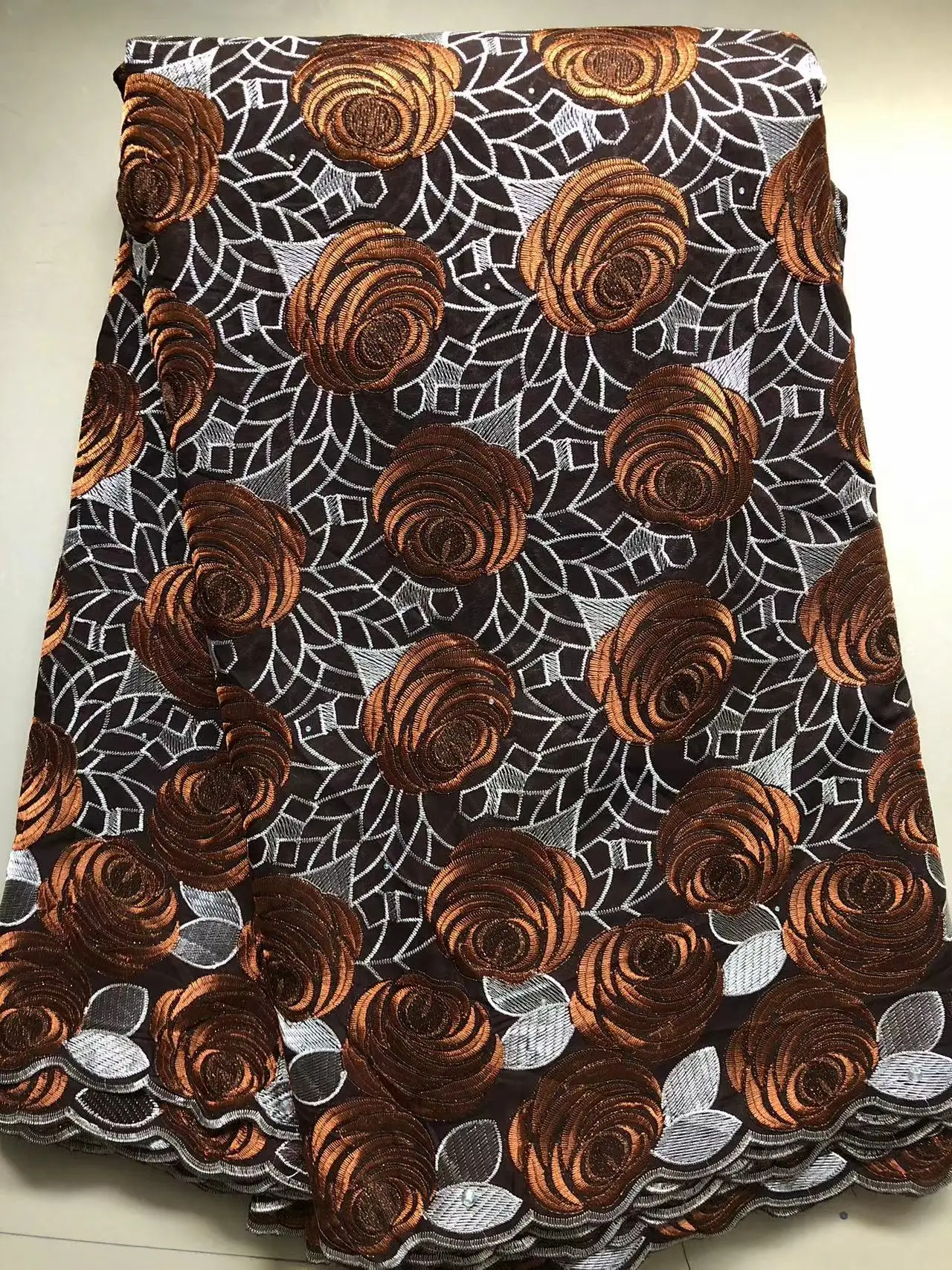 Color: Orange, Length: 5 yards, Width: 120cm - Nigerian Cotton Voile Lace Fabrics With Stones 2024 African Swiss Voile Lace Fabric For Wedding Sewing Women Wedding Party Dress