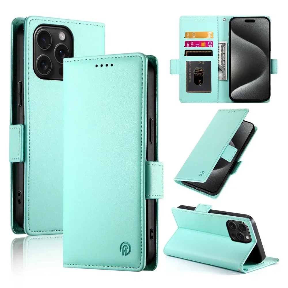 Color: green, Material: Silicon - PU Leather Flip Phone Case For iPhone 16 15 Pro Max 16E 14 13 1211 XS Max XR X 8 7 Plus SE KickStand Cards Solt Wallet Cover