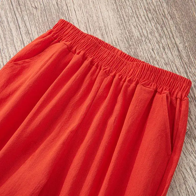 Color: Yellow, Size: One Size - Women Summer Casual Loose Harem Elastic Waist Cotton Linen Pants Ninth Trousers