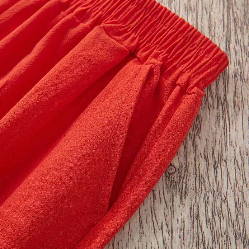 Color: Yellow, Size: One Size - Women Summer Casual Loose Harem Elastic Waist Cotton Linen Pants Ninth Trousers