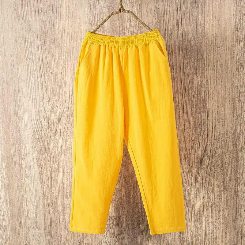 Color: Yellow, Size: One Size - Women Summer Casual Loose Harem Elastic Waist Cotton Linen Pants Ninth Trousers