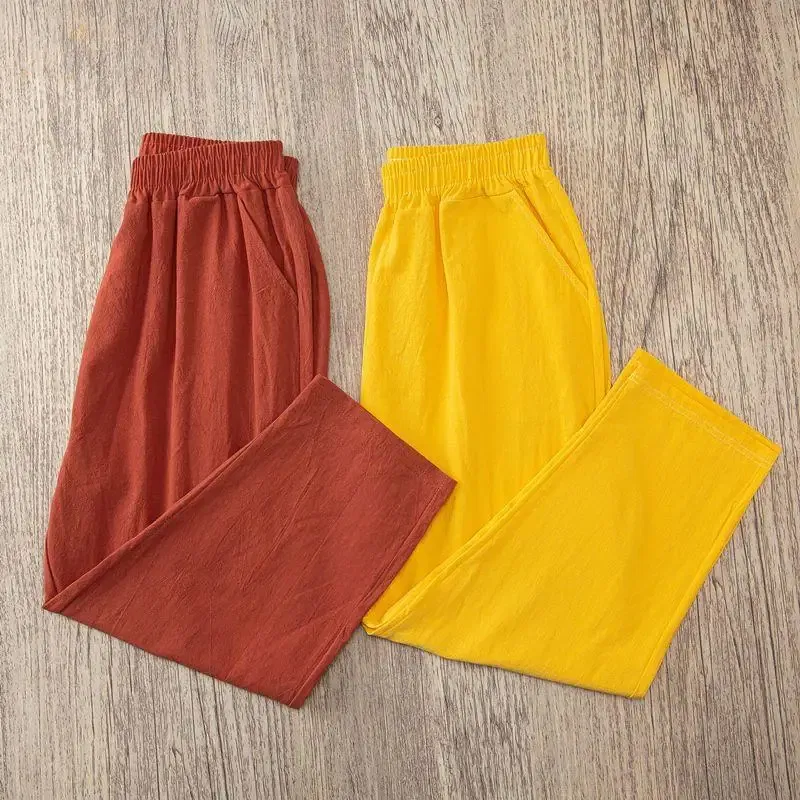 Color: Yellow, Size: One Size - Women Summer Casual Loose Harem Elastic Waist Cotton Linen Pants Ninth Trousers