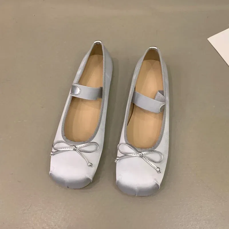 Color: SKY BLUE, Shoe Size: 39 - 2023Luxury Satin Silk Ballet Shoes Woman Classic Square Toe Bowtie Elastic Band Ballerina Flats Ladies Soft Loafers