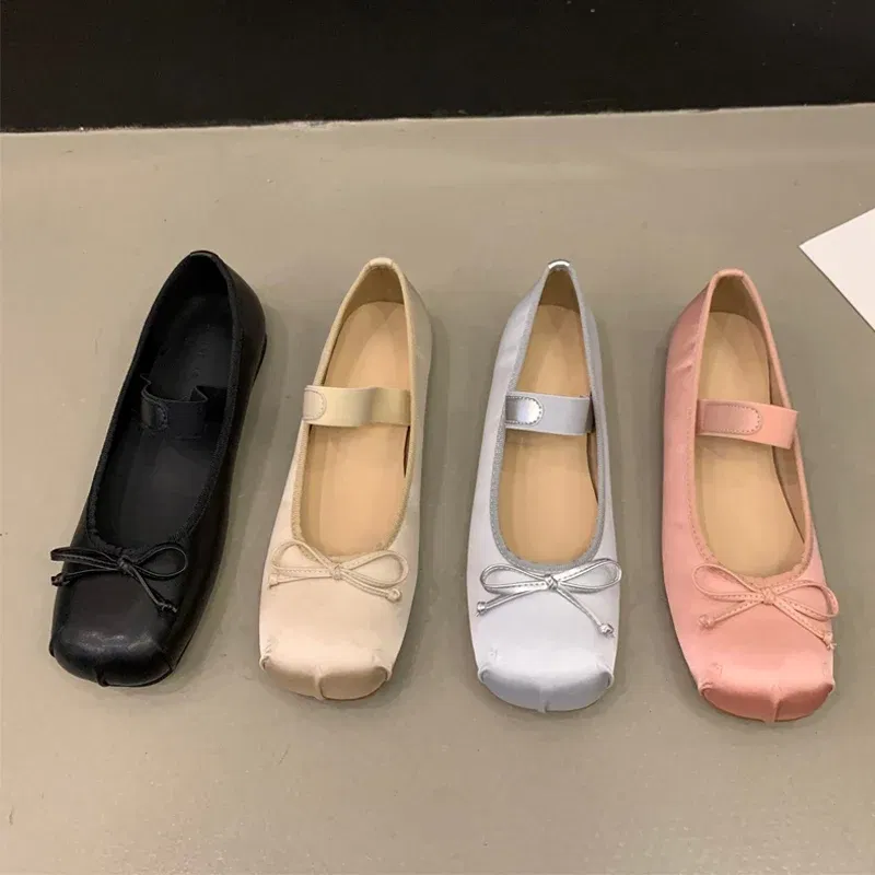 Color: SKY BLUE, Shoe Size: 39 - 2023Luxury Satin Silk Ballet Shoes Woman Classic Square Toe Bowtie Elastic Band Ballerina Flats Ladies Soft Loafers
