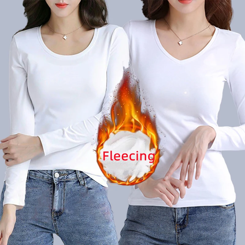 Color: Brown, Size: S - O Neck Long Sleeve Fleeceing Heating Fiber Thermal Basic T-Shirts Women Winter Bottoming Cropped Tops Casual Skinny All-match