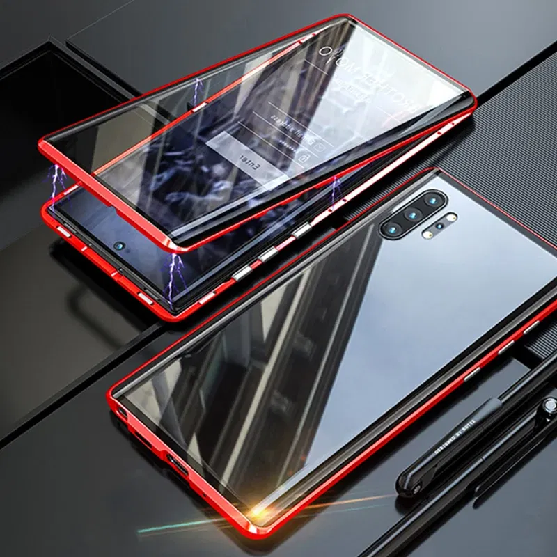 Color: Red, Material: Microfiber - Full Wrap Metal Bezel Case For Samsung Galaxy S23 S22 Ultra S21 S20 FE S24 Note 10 20 Lite Plus Double-Sided Glass Back Cover