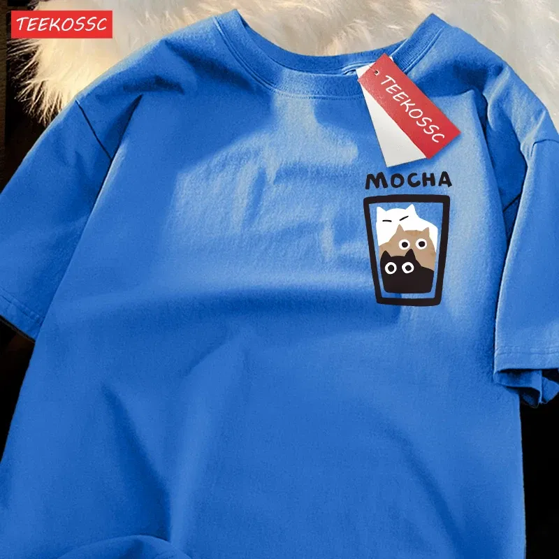 Color: ROYAL BLUE, Size: L - Mocha Latte Couple Outfit Cat Coffee Couple Male T-Shirts Graphic Cool Tee Shirt High-Quality Oversized Tshirt Comfort Soft