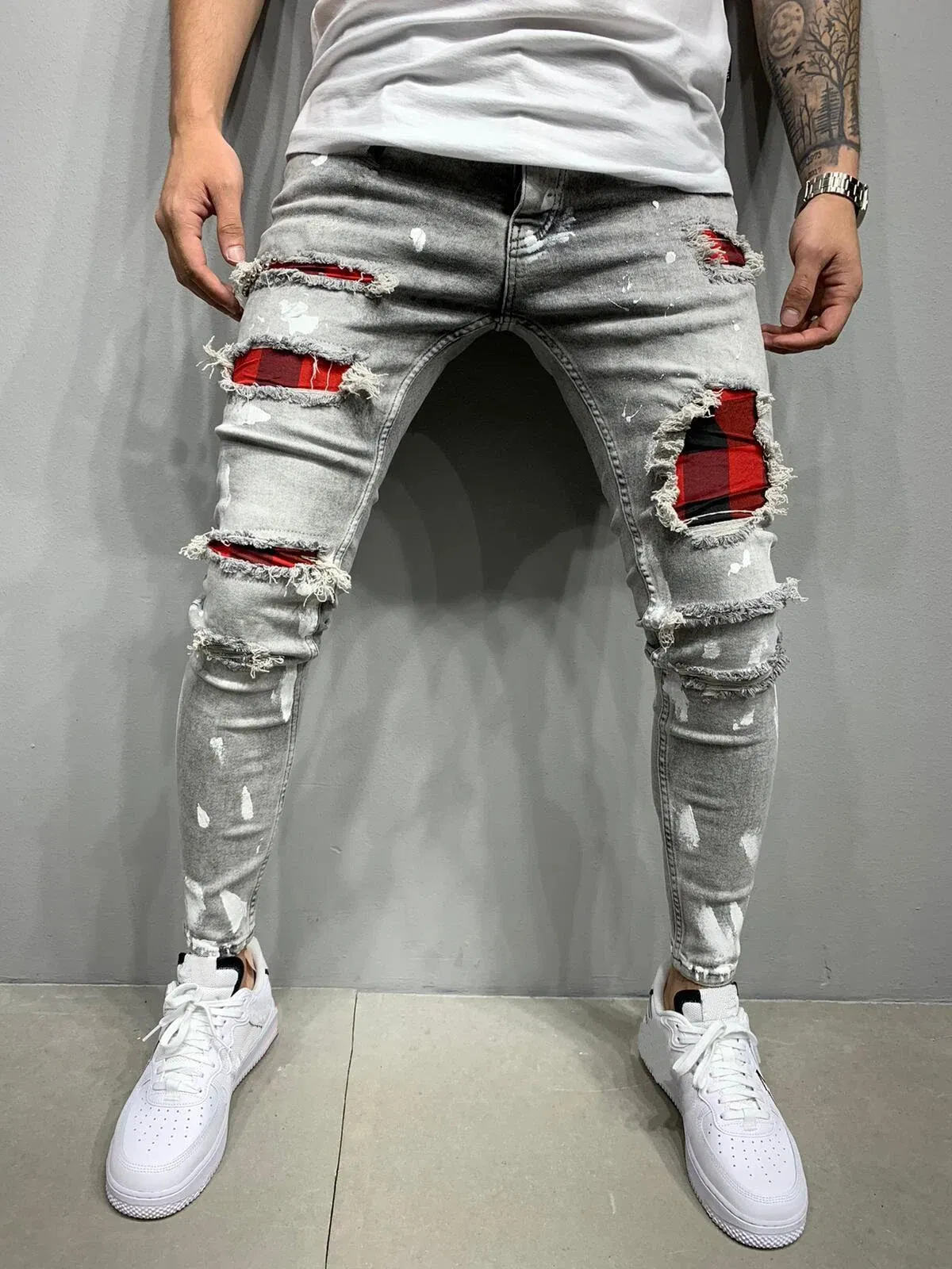 Color: GRAY, Size: S, Ships From: CHINA - Men's Punk Hip Hop Black Fashion Jeans Spring summer New Rock Motorcycle Street Wear Tight Casual Denim pants Straight leg pants