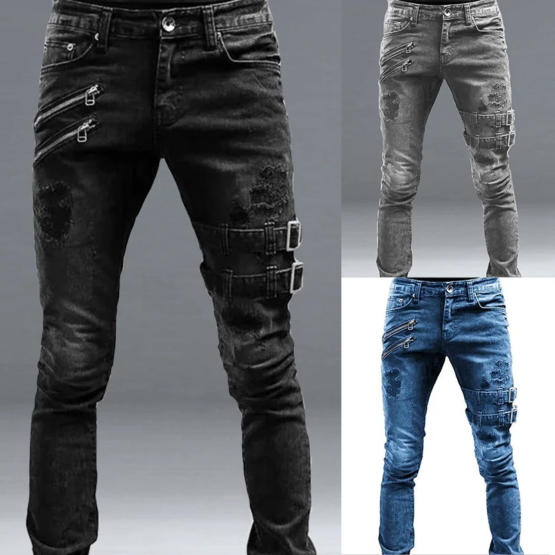 Color: GRAY, Size: S, Ships From: CHINA - Men's Punk Hip Hop Black Fashion Jeans Spring summer New Rock Motorcycle Street Wear Tight Casual Denim pants Straight leg pants
