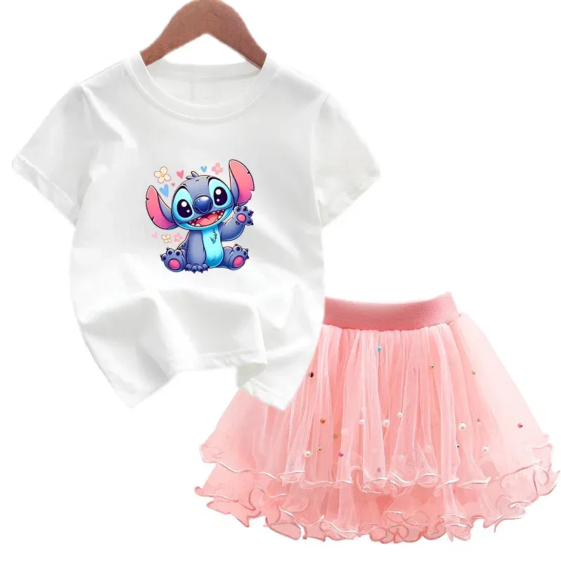 Color: Khaki, Kid Size: 2T - 2pcs Lilo Stitch Summer Girls Outfits Cartoon T-shirt and Tutu Skirt Princess Clothes Suit Children Birthday Clothing Sets