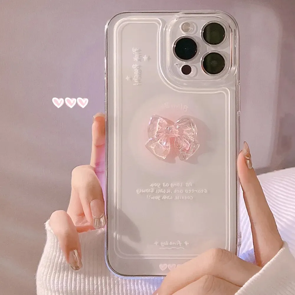 Material: nylon, Color: WHITE - NEW 3D Bow Transparent Mobile Phone Case For IPhone 15 14 Plus 13 Pro Max 12 Pro 11 Stereo Crystal Candy Cute Full Soft Cover