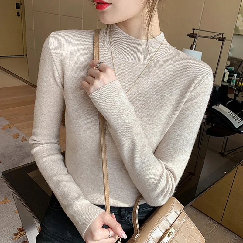 Color: GRAY, Size: One Size - Turtleneck Sweater Women Fashion New Stretch Tops Women Knitted Pullovers Long Sleeve Bottoming Knitted Sweater