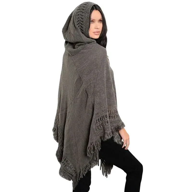 Color: GRAY, Size: One Size - New Women Ladies Tassel Cape Coat Fringe Poncho Oblique Stripe Coat Bohemian Shawl Scarf