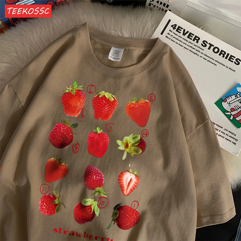 Color: Brown, Size: L - 100% Cotton Women T-shirt Cute Fresh Strawberries Printed Tee Shirt Summer Comfortable Loose Tops Street Fashion Female Clothes