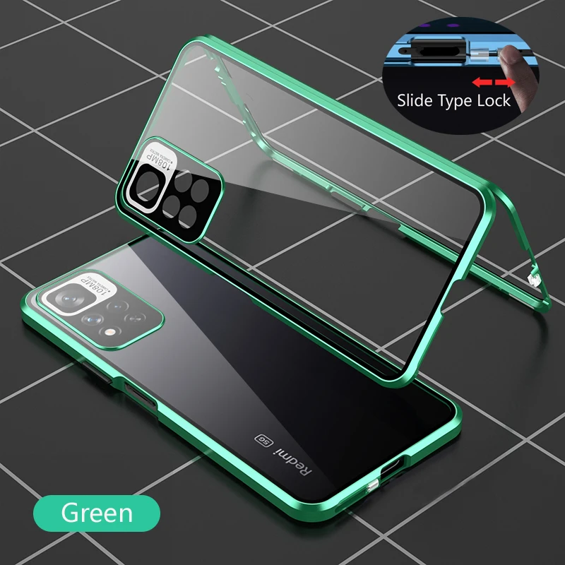 Color: green, Bundle: Case & Screen Protector, Material: CANVAS - Full Protection Case Metal Magnetic Double Sided Glass Snap Lock Case For XiaoMi Redmi Note 13 Pro Plus 5G Bumper Phone Cover