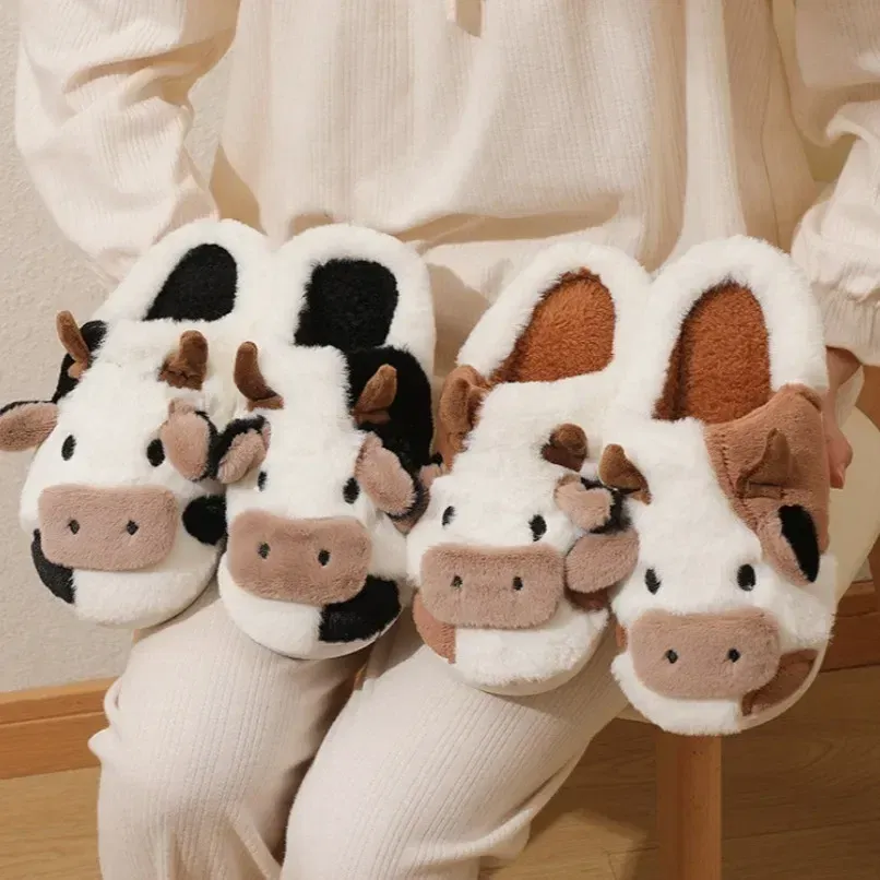 Color: Beige, Shoe Size: 5.5 - Cartoon Plush Cotton Slippers Women's Indoor Home Winter Cow Cotton Slippers Cute Autumn Winter Cotton Slippers Thick Soles