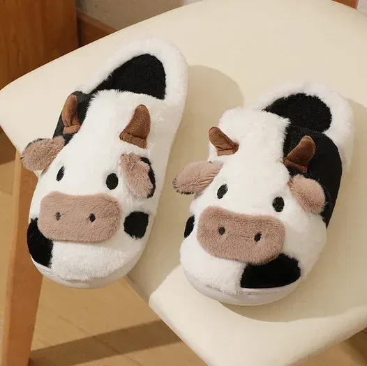Color: Beige, Shoe Size: 5.5 - Cartoon Plush Cotton Slippers Women's Indoor Home Winter Cow Cotton Slippers Cute Autumn Winter Cotton Slippers Thick Soles