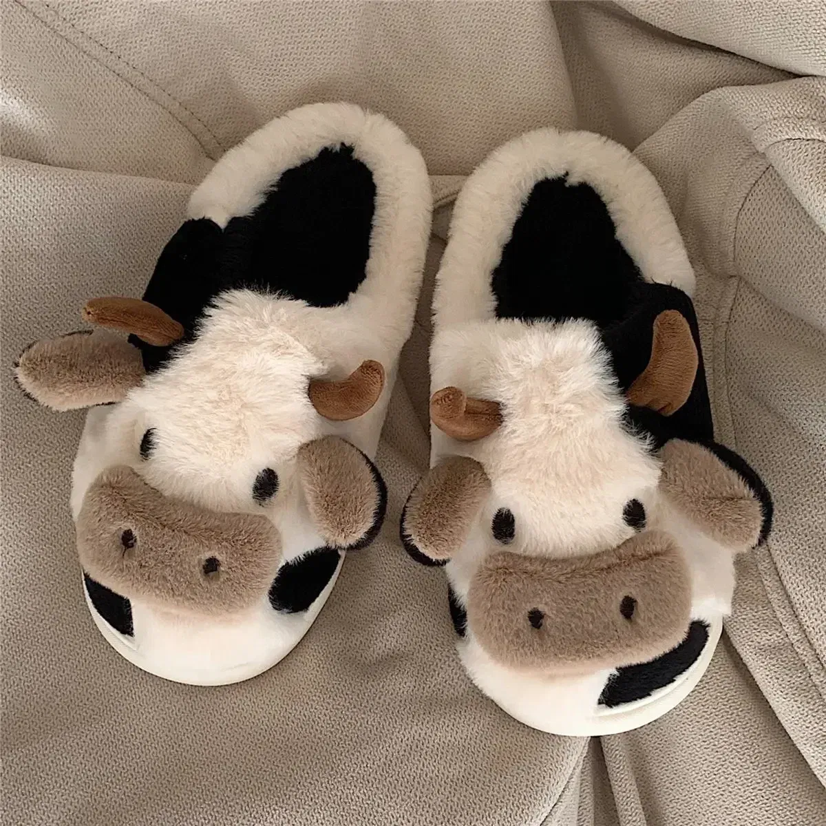 Color: Beige, Shoe Size: 5.5 - Cartoon Plush Cotton Slippers Women's Indoor Home Winter Cow Cotton Slippers Cute Autumn Winter Cotton Slippers Thick Soles