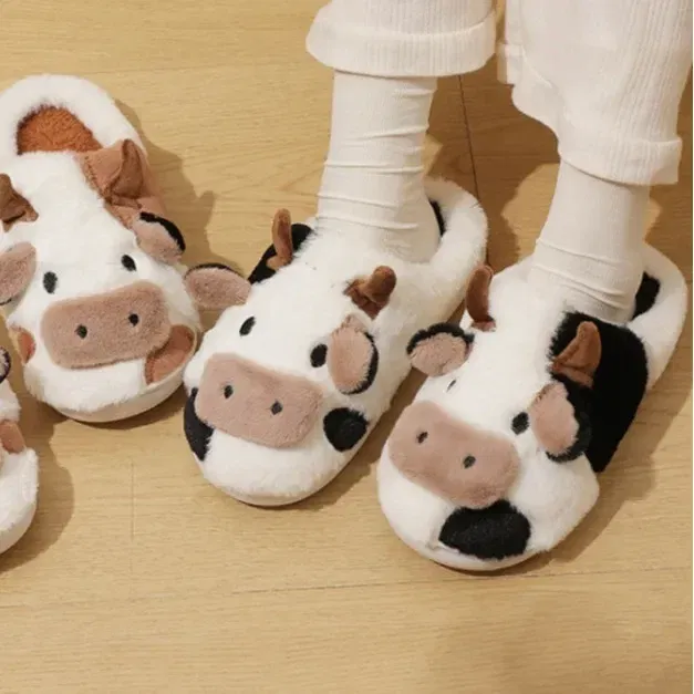 Color: Beige, Shoe Size: 5.5 - Cartoon Plush Cotton Slippers Women's Indoor Home Winter Cow Cotton Slippers Cute Autumn Winter Cotton Slippers Thick Soles