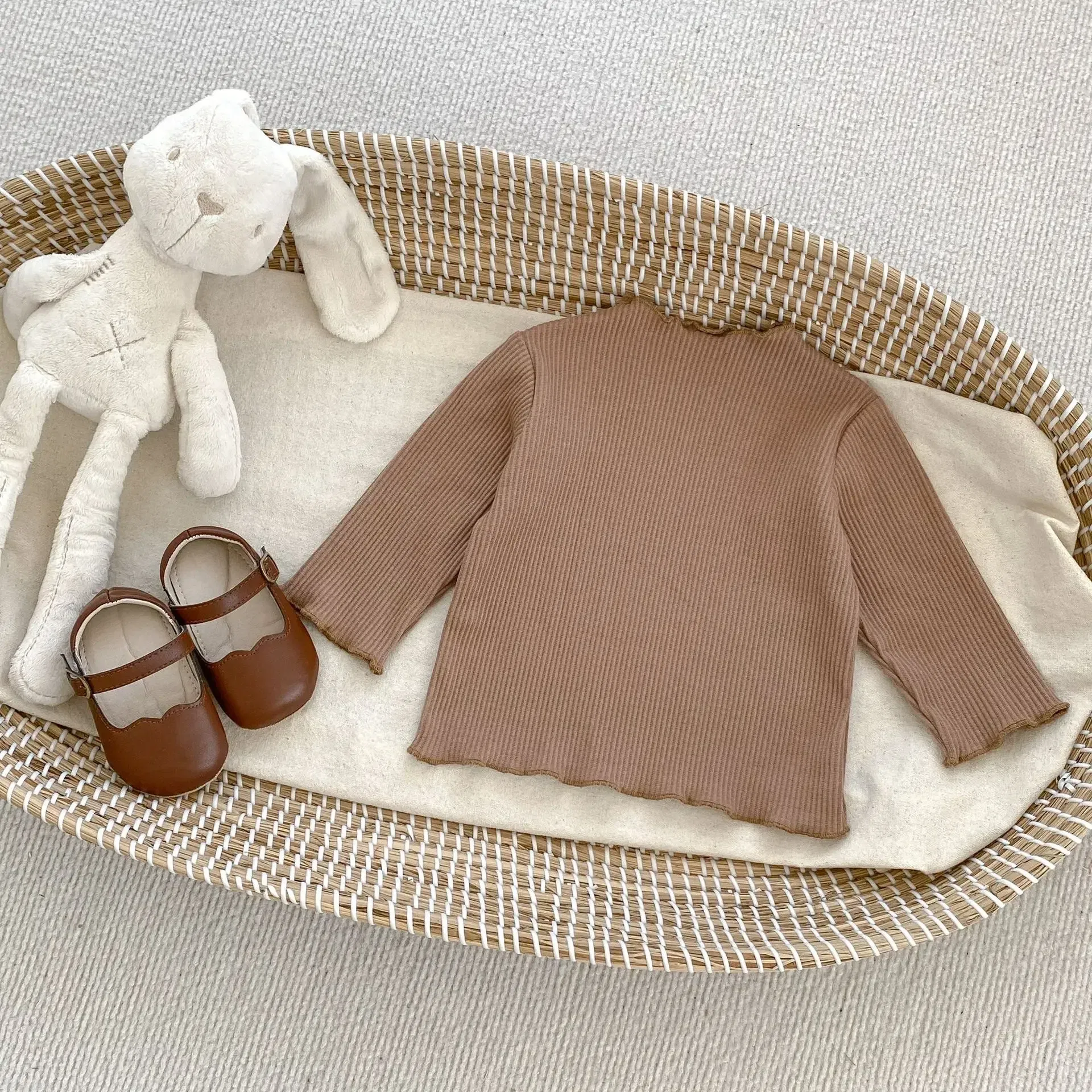 Color: GRAY, Kid Size: 6M - New Baby Long Sleeve T Shirt Girls Cotton Casual Tees Infant Ruffled Versatile Shirts Kids Floral Striped Bottoming Tops