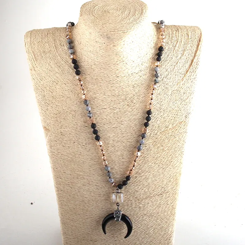 Metal Color: Blue Zinc, Length: 45cm, Ships From: CHINA - Fashion Bohemian Jewelry Natural Stones Crystal Glass Knotted Ox Horn Moon Pendant Necklace Women Boho Necklaces Girls