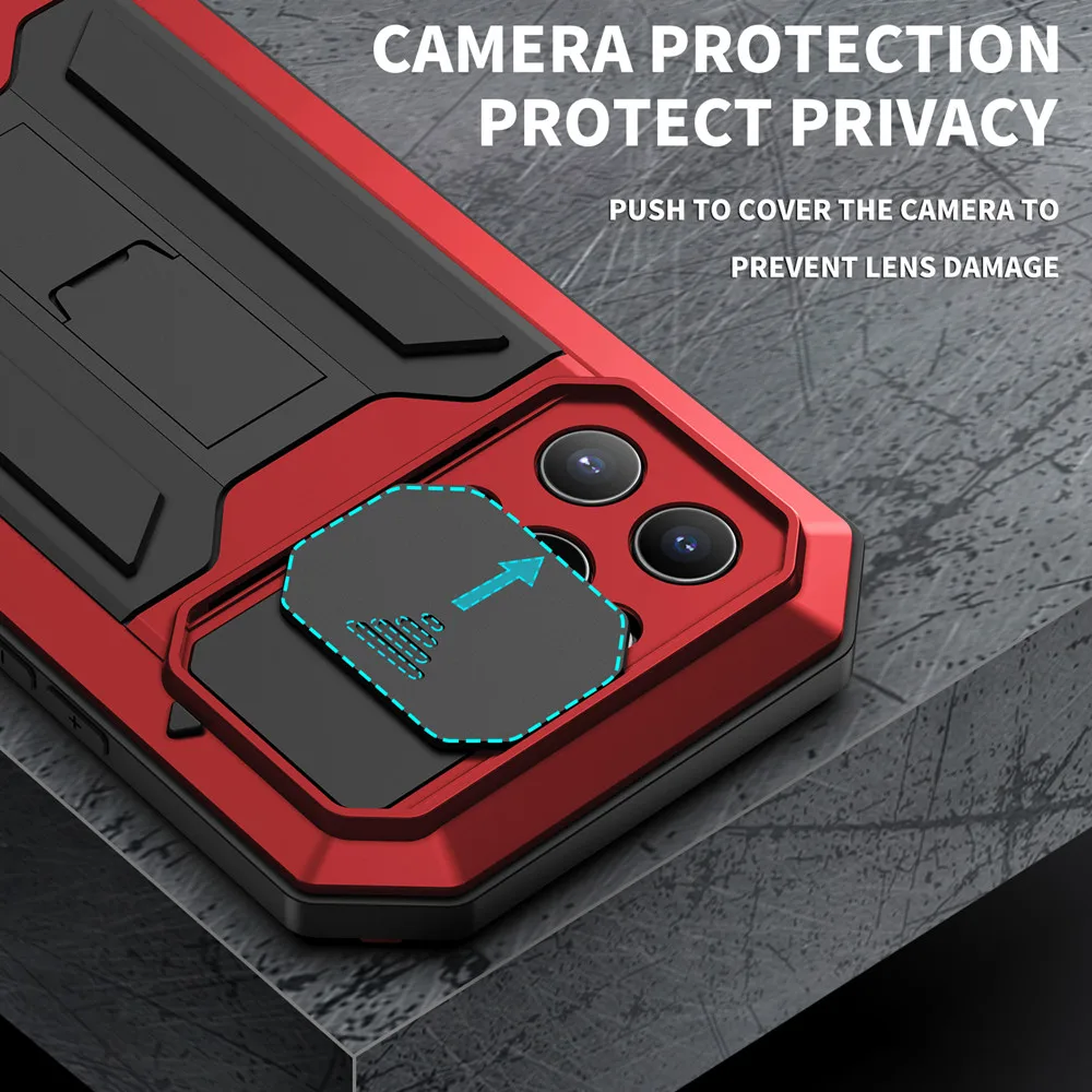 Color: Silver, Material: Microfiber - Heavy Duty Metal Aluminum Case For iPhone 14 13 15 Pro Max Military Grade Shockproof Bumpers Armor Kickstand Camera Slider Cases