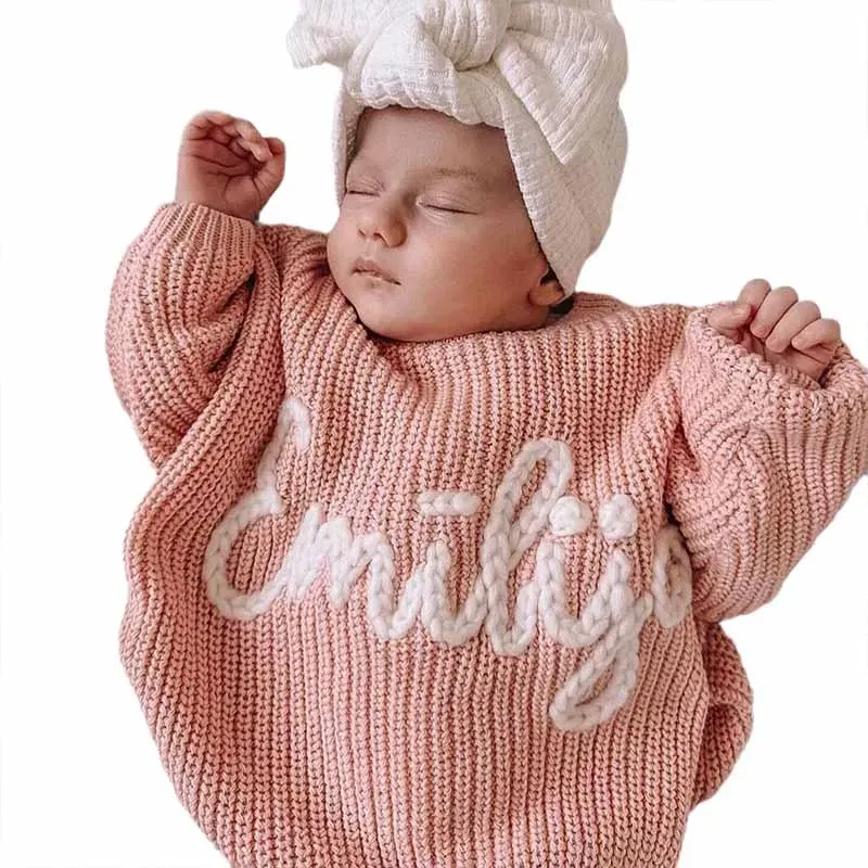 Color: Apricot, Size: L, Age Range: 0-3M - Personalized sweaters for cherished babies.Celebrate your little one's name with unique, custom-made thick knitted sweaters