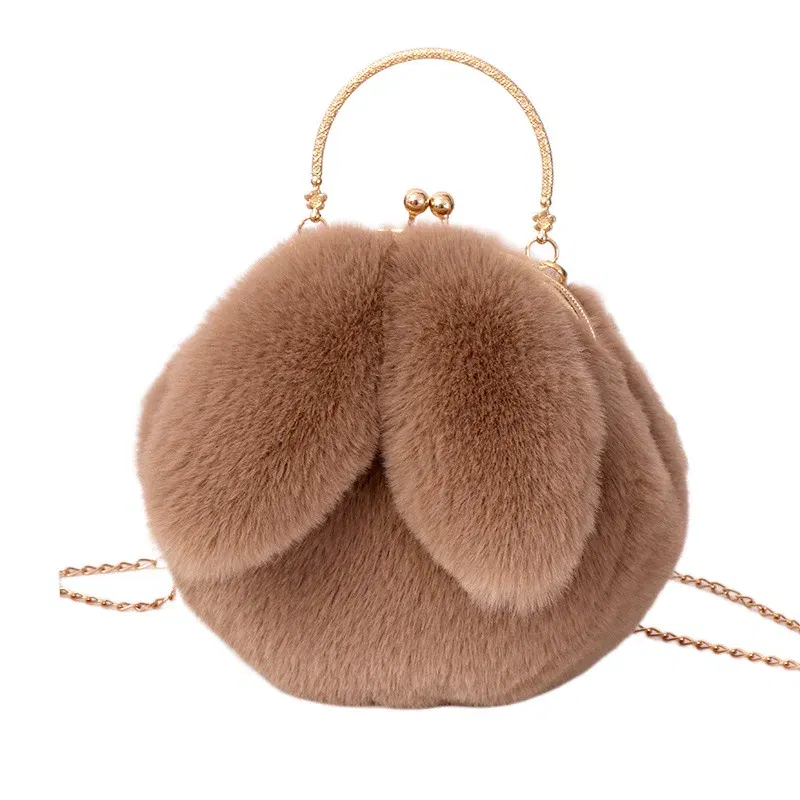 Color: GRAY - Adorable Rabbit Ears Fluffy Crossbody Bag Women Stylish Chain Shoulder Handbag New