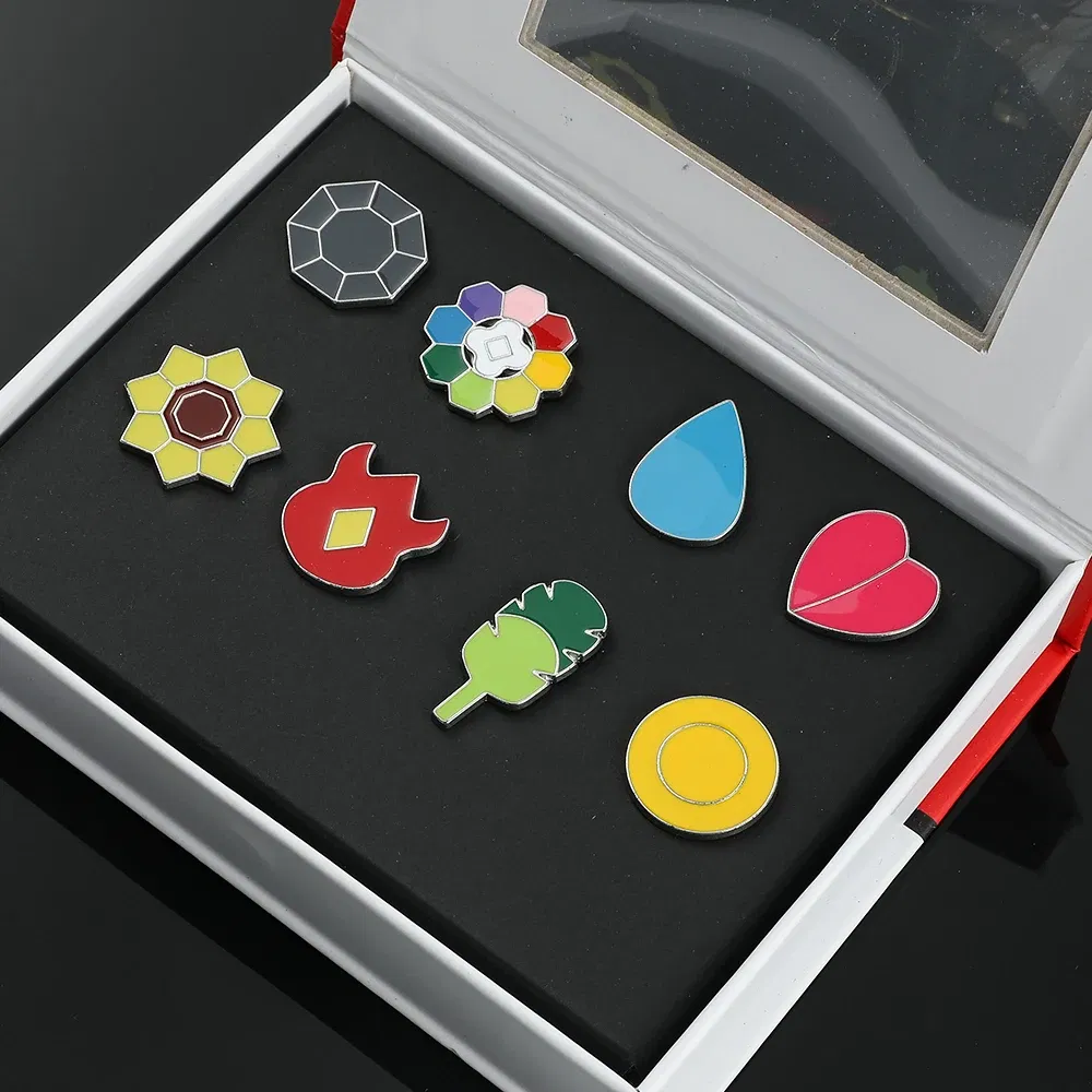 Metal color: SILVER PLATED - Pokemon Gym Badges Kanto Johto Hoenn Sinnoh Unova Kalos League Region Orange Islands Pins Brooches Box Set Pocket Monster