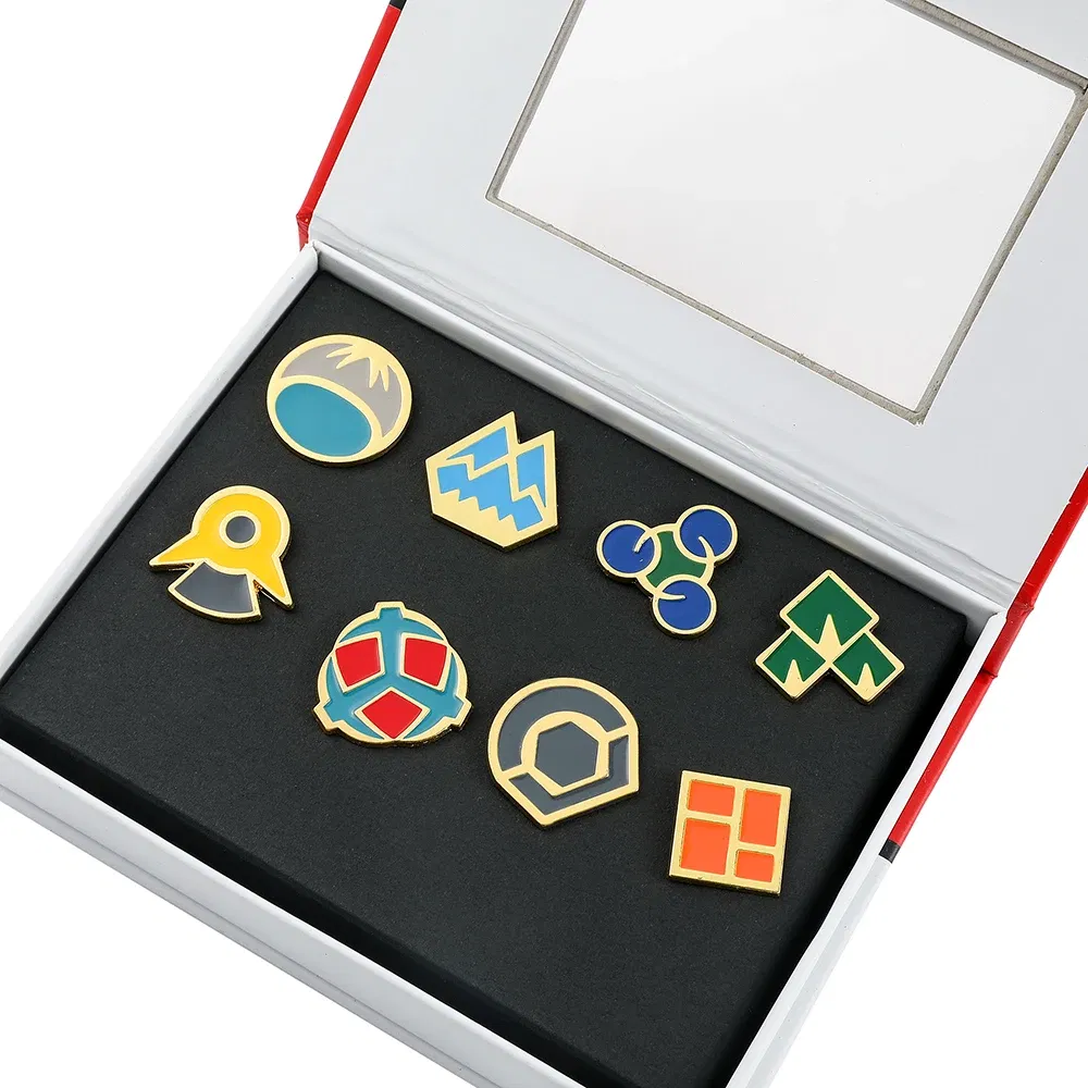 Metal color: SILVER PLATED - Pokemon Gym Badges Kanto Johto Hoenn Sinnoh Unova Kalos League Region Orange Islands Pins Brooches Box Set Pocket Monster