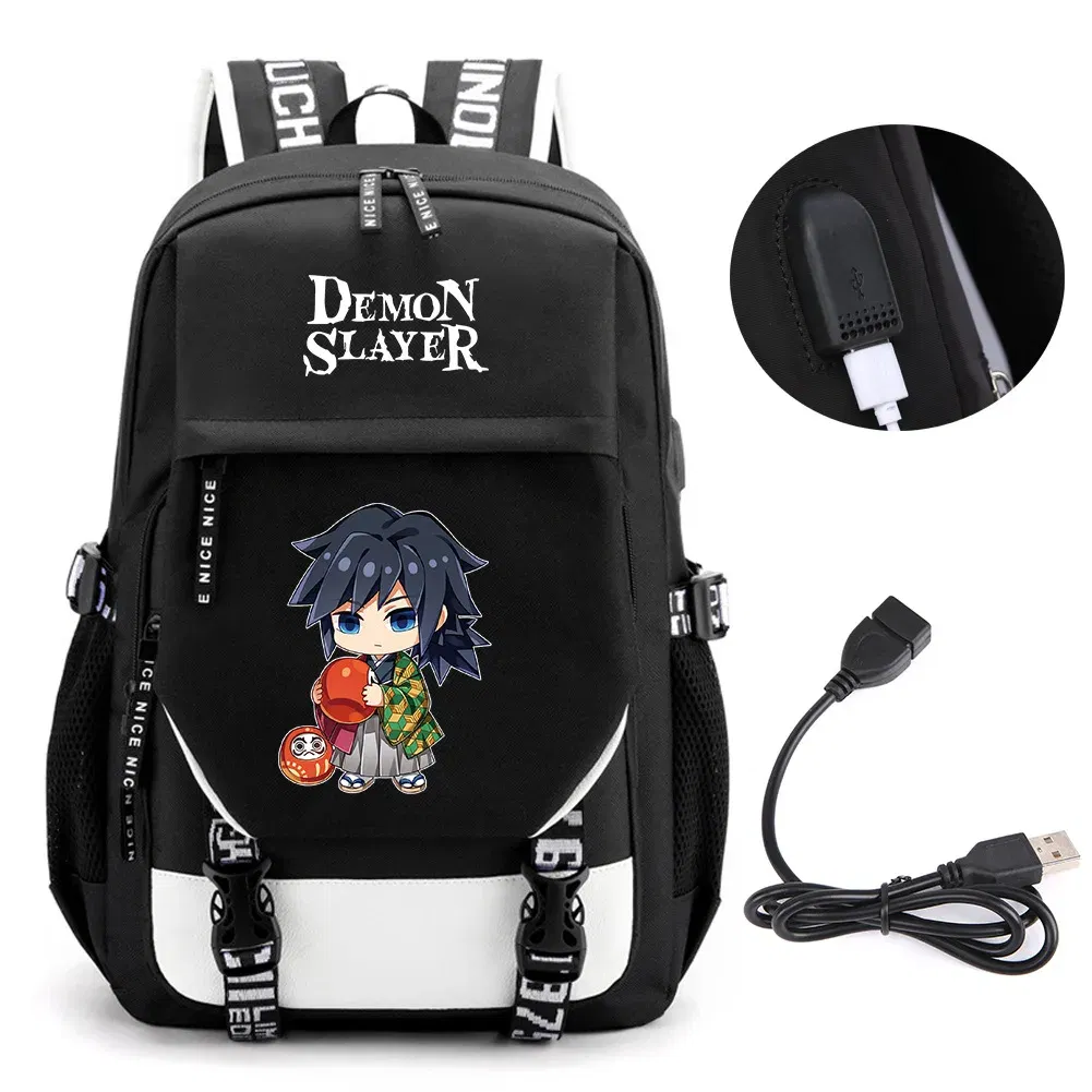 Color: light green - Anime Demon Slayer Kamado Nezuko Backpack School Book Bags Mochila Travel USB Port Bag Laptop Boy Girls Gift