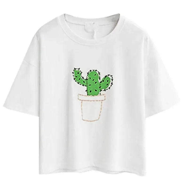 Color: Pink, Size: S, Ships From: CHINA - 2021 Summer Cotton Short Sleeved Crop Top T-shirt Femme Embroidered Cat T Shirts Cartoon Women Fashion Cactus Top Tee T Shirt