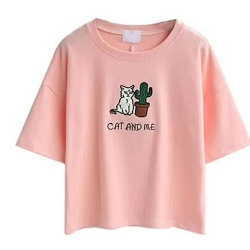 Color: Pink, Size: S, Ships From: CHINA - 2021 Summer Cotton Short Sleeved Crop Top T-shirt Femme Embroidered Cat T Shirts Cartoon Women Fashion Cactus Top Tee T Shirt