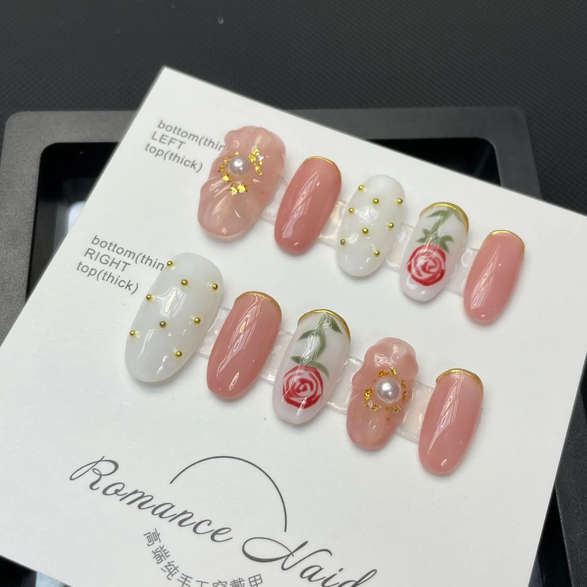 Color: GRAY - 10 pcs Luxury Handmade Press on Nails Middle Ellipse Pink Tulip Design False Nails with 4-PIECE Tool Adhesive Nail Glue Tabs