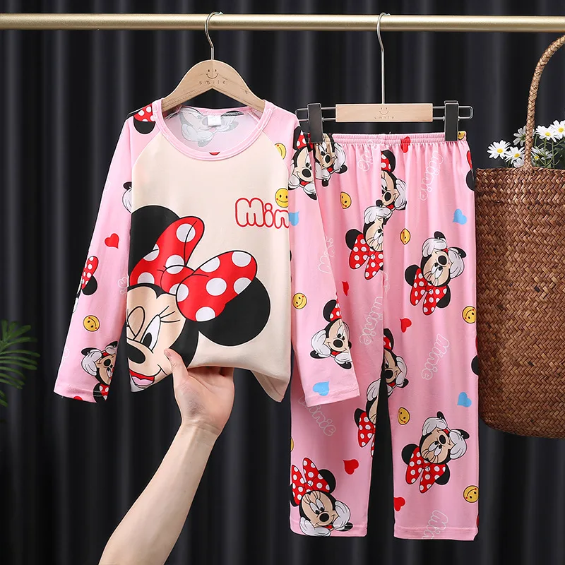 Color: Gold, Kid Size: 8T - 2pcs/set New Children Pyjamas Minnie Elsa Duck Cartoon Girls Sets Kid Home Wear boys and girls Travel Casual Sleepwear Suit