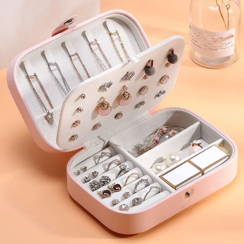 Color: WHITE - 2023 Portable Jewelry Box Jewelry Organizer Display Travel Jewelry Case Boxes Button Leather Storage Zipper Jewelers Joyero