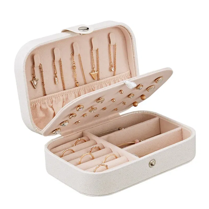 Color: WHITE - 2023 Portable Jewelry Box Jewelry Organizer Display Travel Jewelry Case Boxes Button Leather Storage Zipper Jewelers Joyero