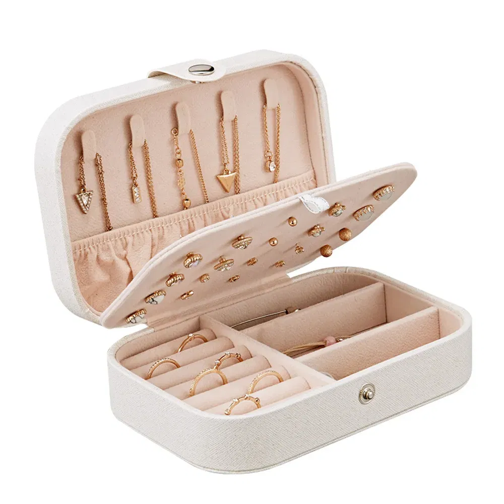 Color: WHITE - 2023 Portable Jewelry Box Jewelry Organizer Display Travel Jewelry Case Boxes Button Leather Storage Zipper Jewelers Joyero